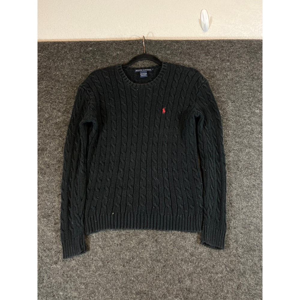 Ralph Lauren Vintage 90s Black Cable Knit Cotton Sweater Red Pony Logo Small